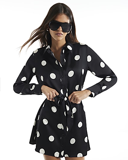 Black Satin Spot Print Long Sleeve Mini Dress