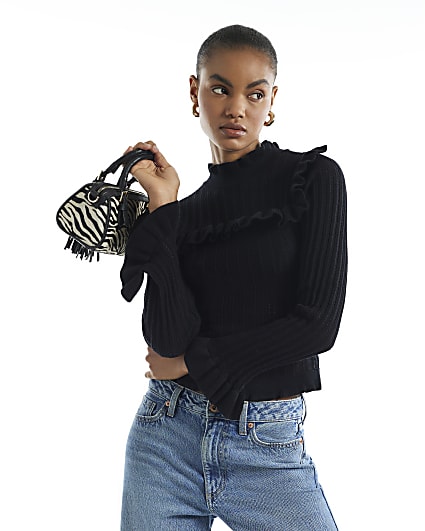 Black Knit Ruffle High Neck Long Sleeve Top