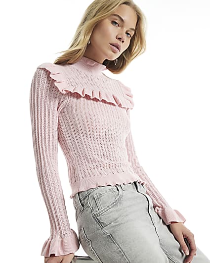 Pink Knit Ruffle High Neck Long Sleeve Top