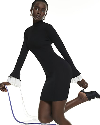 Black Flute Sleeve Ribbed Knit Mini Dress