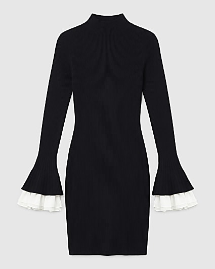Petite Black Flute Sleeve Ribbed Mini Dress