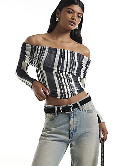 Black Mesh Stripe Bardot Long Sleeve Top