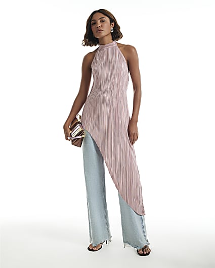 Pink Plisse Halter Neck Asymmetric Hem Top