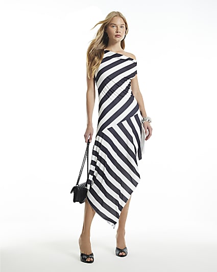Black Stripe Asymmetric Hem Midi Dress