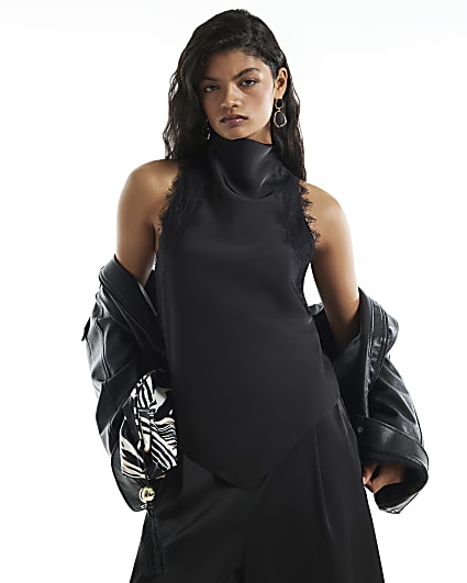 Black Halter Neck With Lace Hem