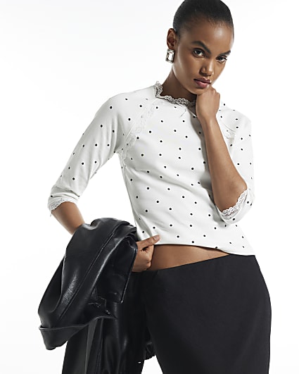 Cream Polka Dot Long Sleeve Lace Bow Trim Top
