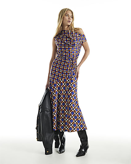 Orange Print Cinched Waist Column Dress