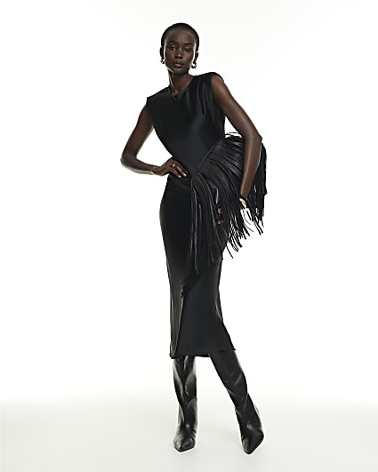 Black Shoulder Pad Column Midi Dress