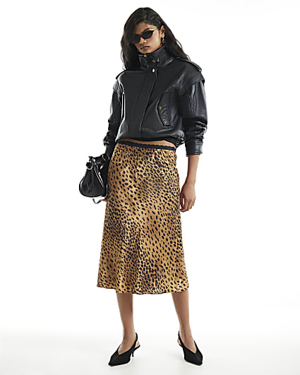 Brown Satin Leopard 90s Mid Length Slip Skirt