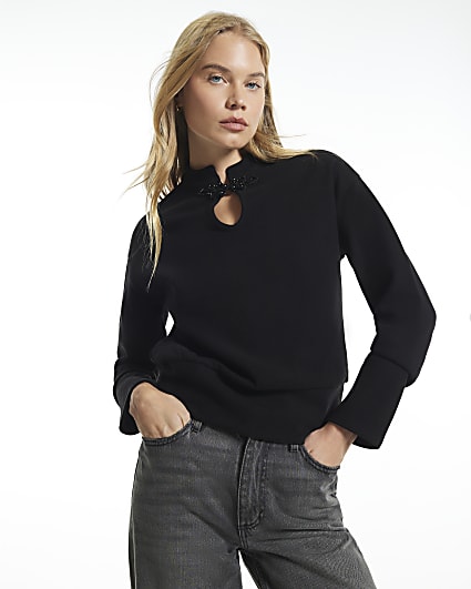 Black Cosy Stand Up Collar Frogging Top