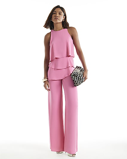 Pink Sleeveless Ruffle Overlay Jumpsuit