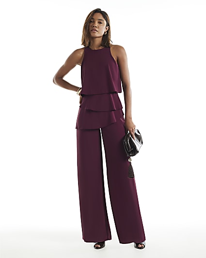 Burgundy Sleeveless Ruffle Overlay Jumpsuit