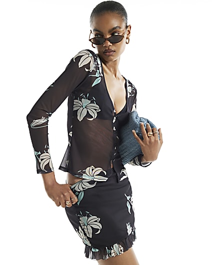 Black Mesh Floral Print Mini Skirt