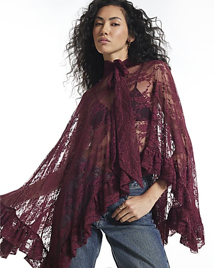 Burgundy Lace Tie Neck Cape