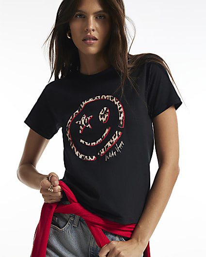 Black Animal Smile Print Short Sleeve T-Shirt