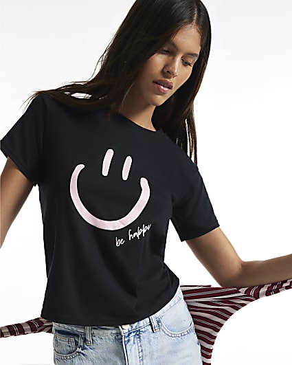 Black Smile Print Short Sleeve T-Shirt