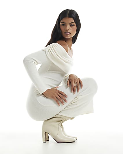 Cream Knit Bardot Cosy Midi Dress