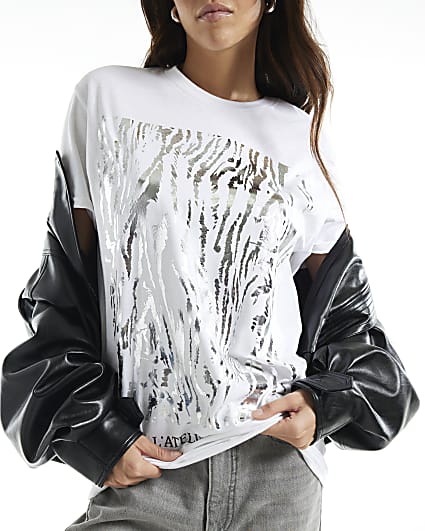 White Cotton Silver Foil Zebra Print T-Shirt