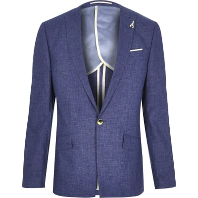 Blue linen slim fit suit jacket | River Island