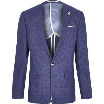 Blue linen slim fit suit jacket River Island