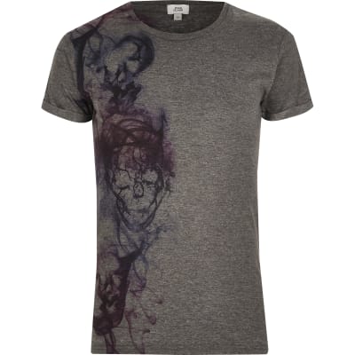 Dark grey skull print crew neck T-shirt | River Island
