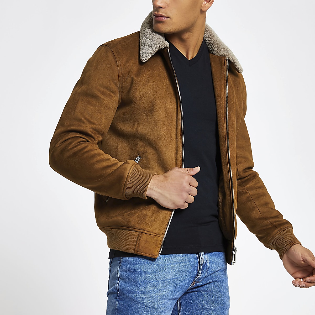 Light brown faux suede borg collar jacket | River Island