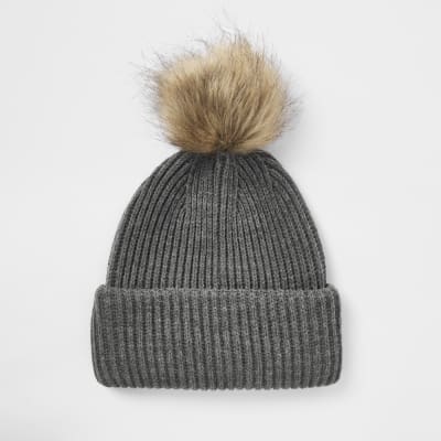 pom fur grey pom fur hat Grey / beanie Caps pom faux pom Hats