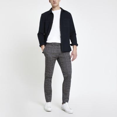 Dark grey check smart super skinny trousers | River Island