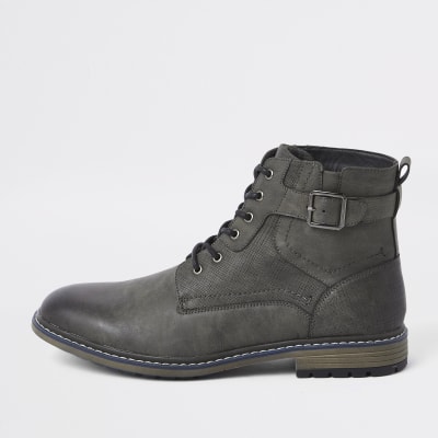 Dark Grey Lace Up Buckle Military Boots Boots Shoes And Boots Men