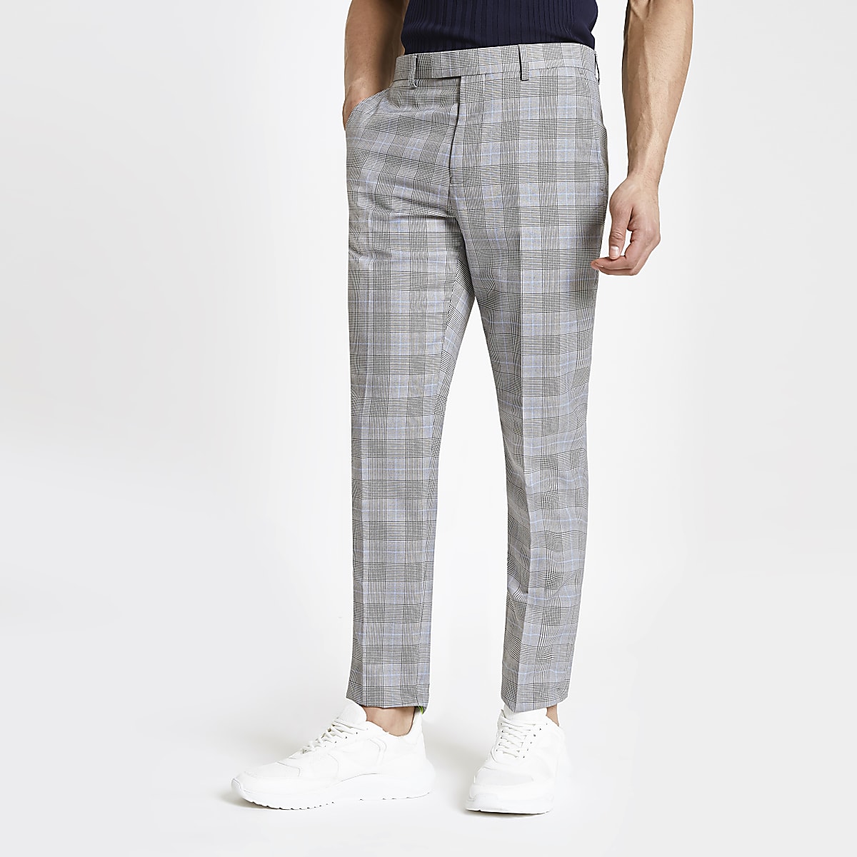 Grey check stretch slim fit suit trousers | River Island