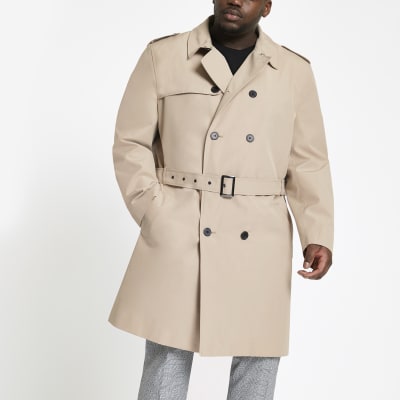Big and Tall stone double breasted mac | River Island