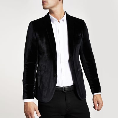Black super skinny velvet long sleeve blazer