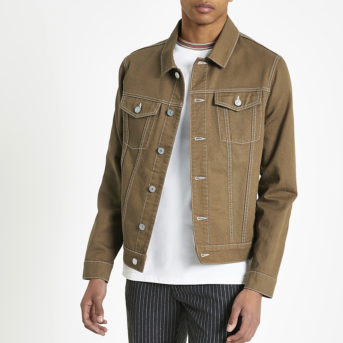 Brown contrast stitch denim jacket River Island Brown contrast stitch denim jacket River Island