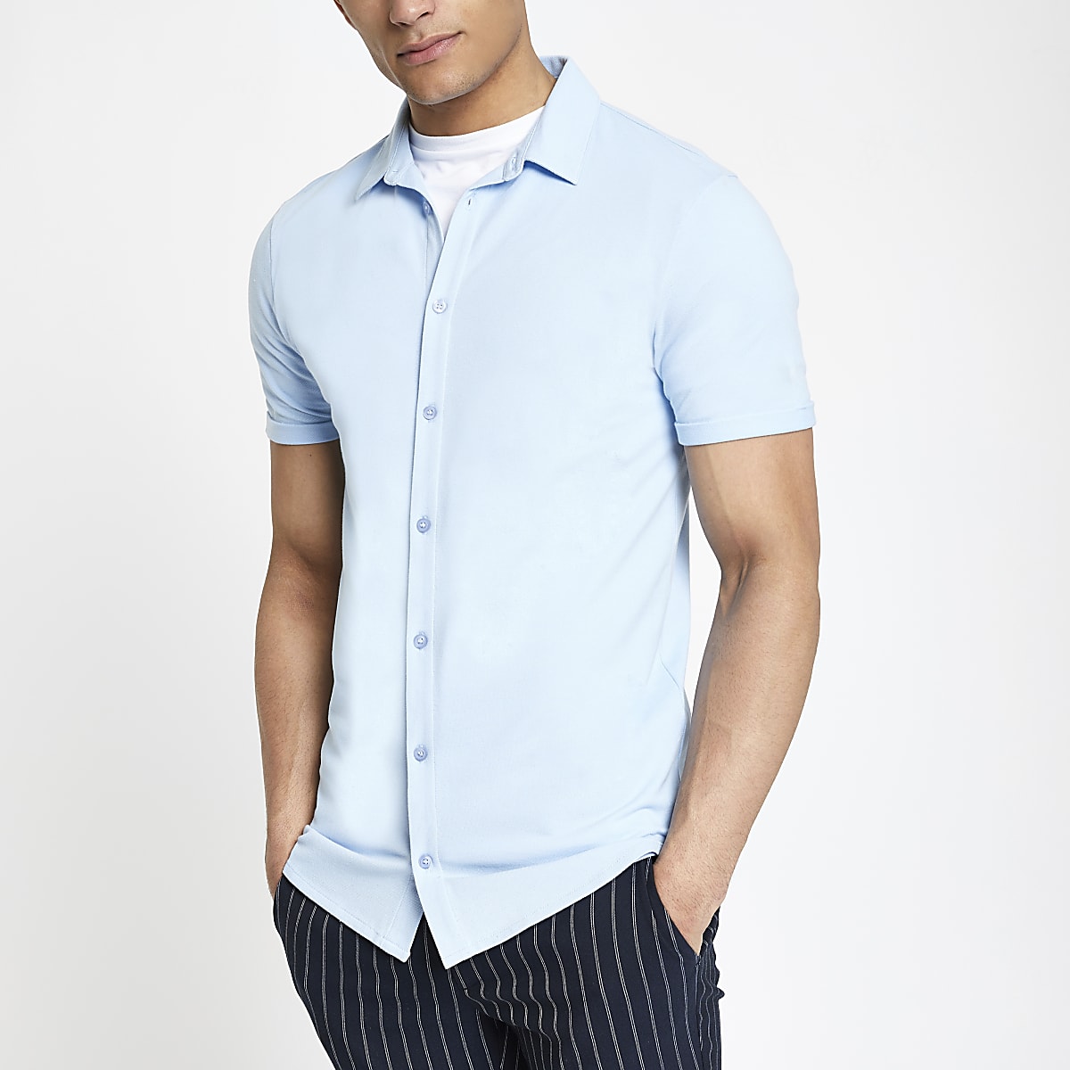 Blue muscle fit button through shirt - Short Sleeve Shirts - Shirts - men