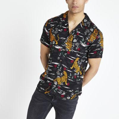 Only & Sons black tiger print shirt - Short Sleeve Shirts - Shirts - men