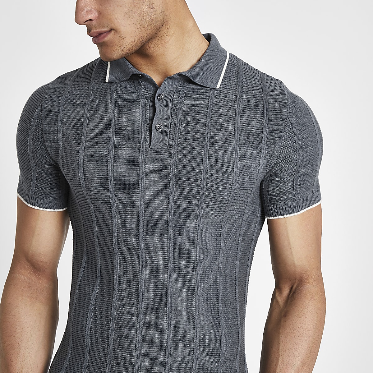 Grey knitted muscle fit polo shirt - Polo Shirts - men