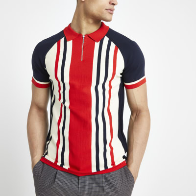 Red stripe zip muscle fit knitted polo shirt Polo Shirts men