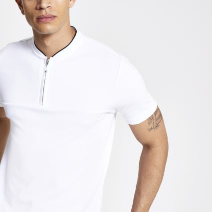 White zip neck slim fit polo shirt