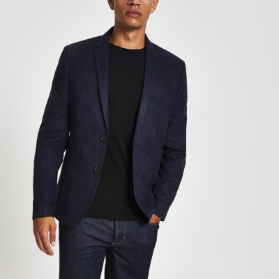 Navy suede skinny fit blazer