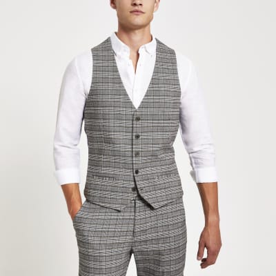 Grey Check Print Suit Waistcoat