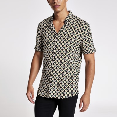 Black geo print short sleeve slim fit shirt River Island