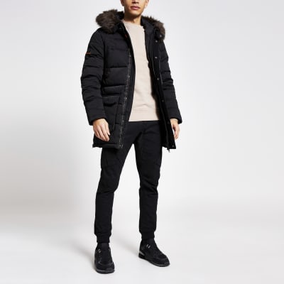 superdry black fur hood coat