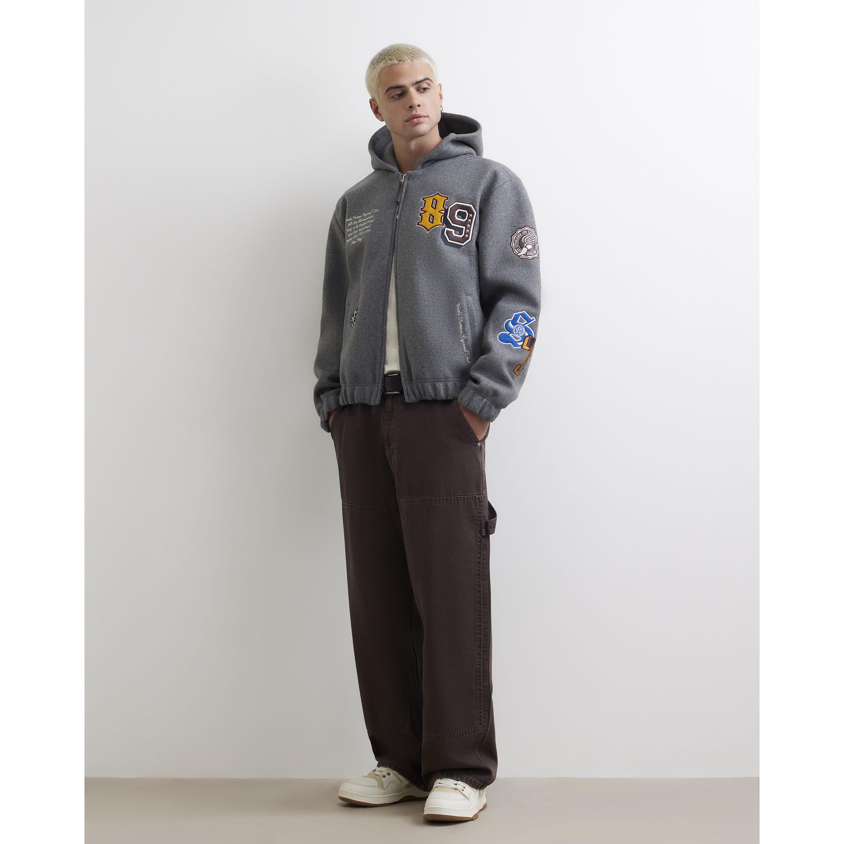 River Island Grey Hooded Multi Badged Varsity Jacket