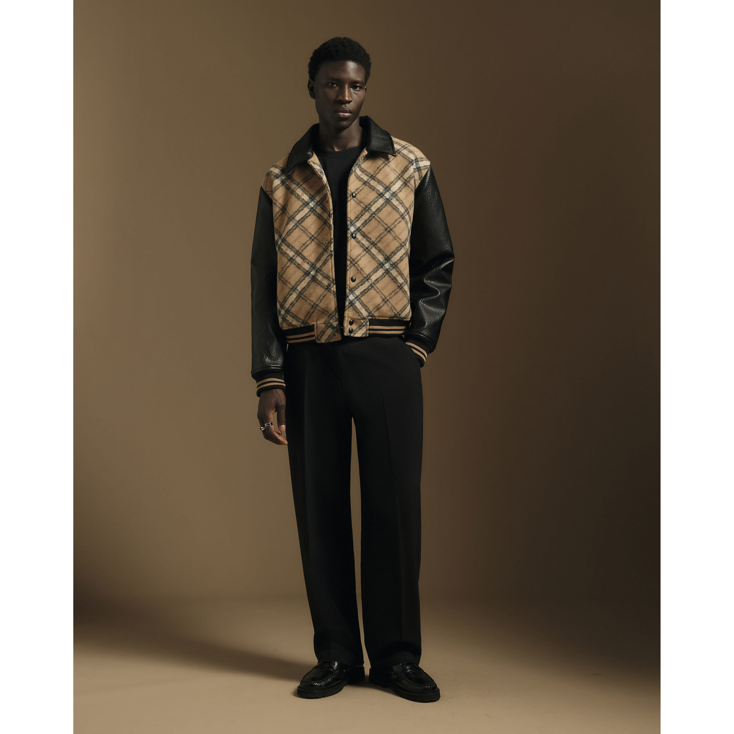 River Island Beige Check Faux Leather Varsity Jacket