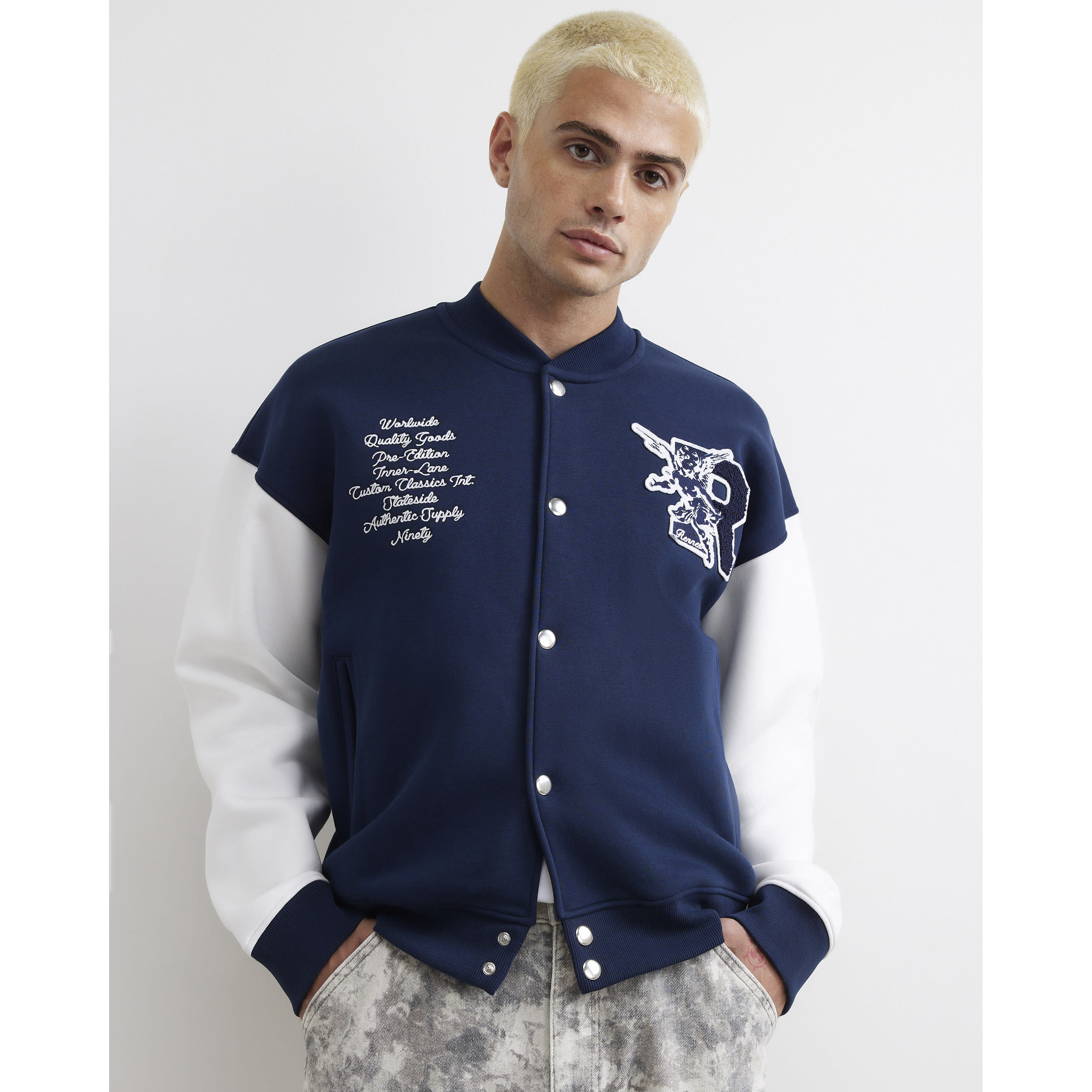 River Island Navy Rennes Varsity Bomber Jacket