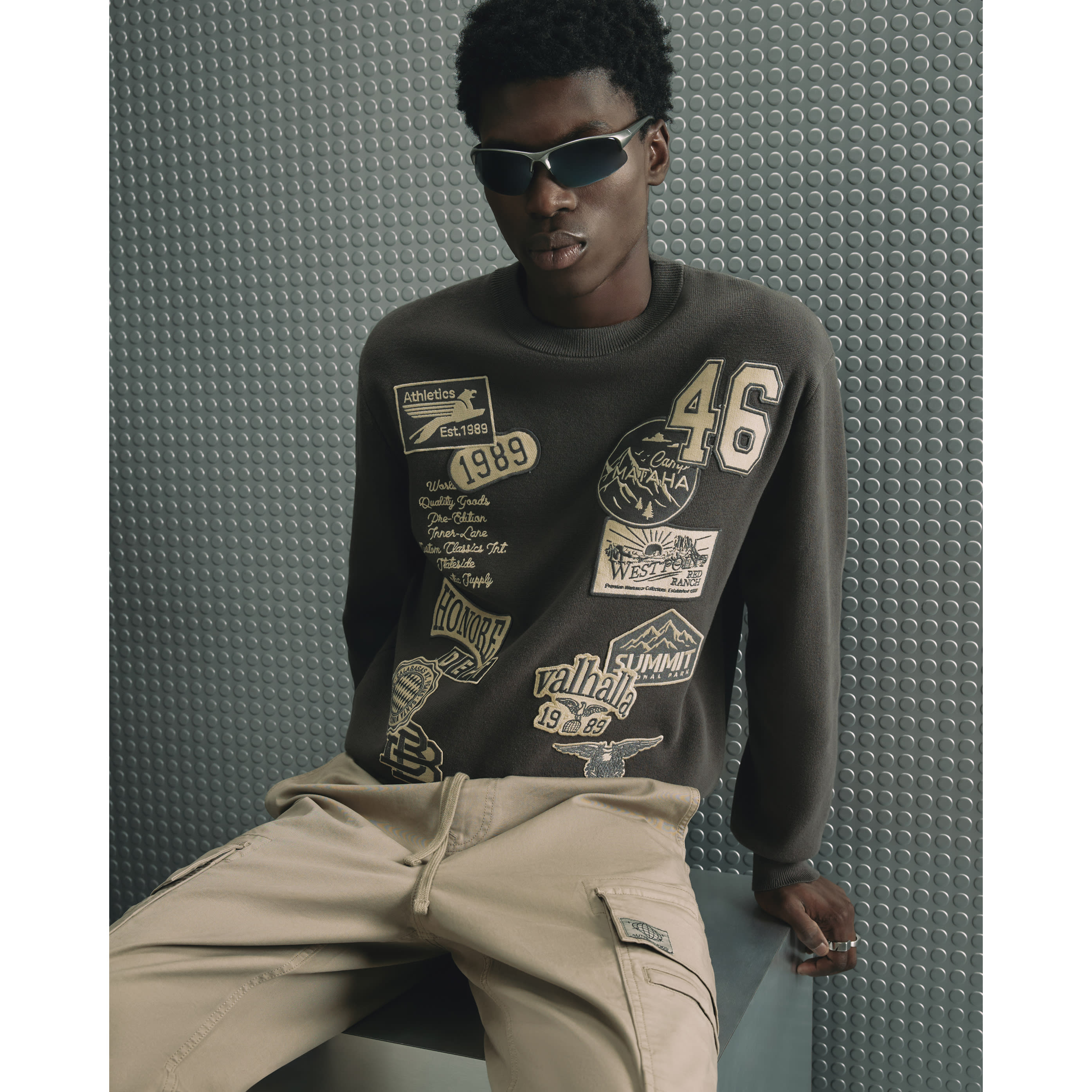 River Island Khaki Regular Fit Knit Badged Jumper