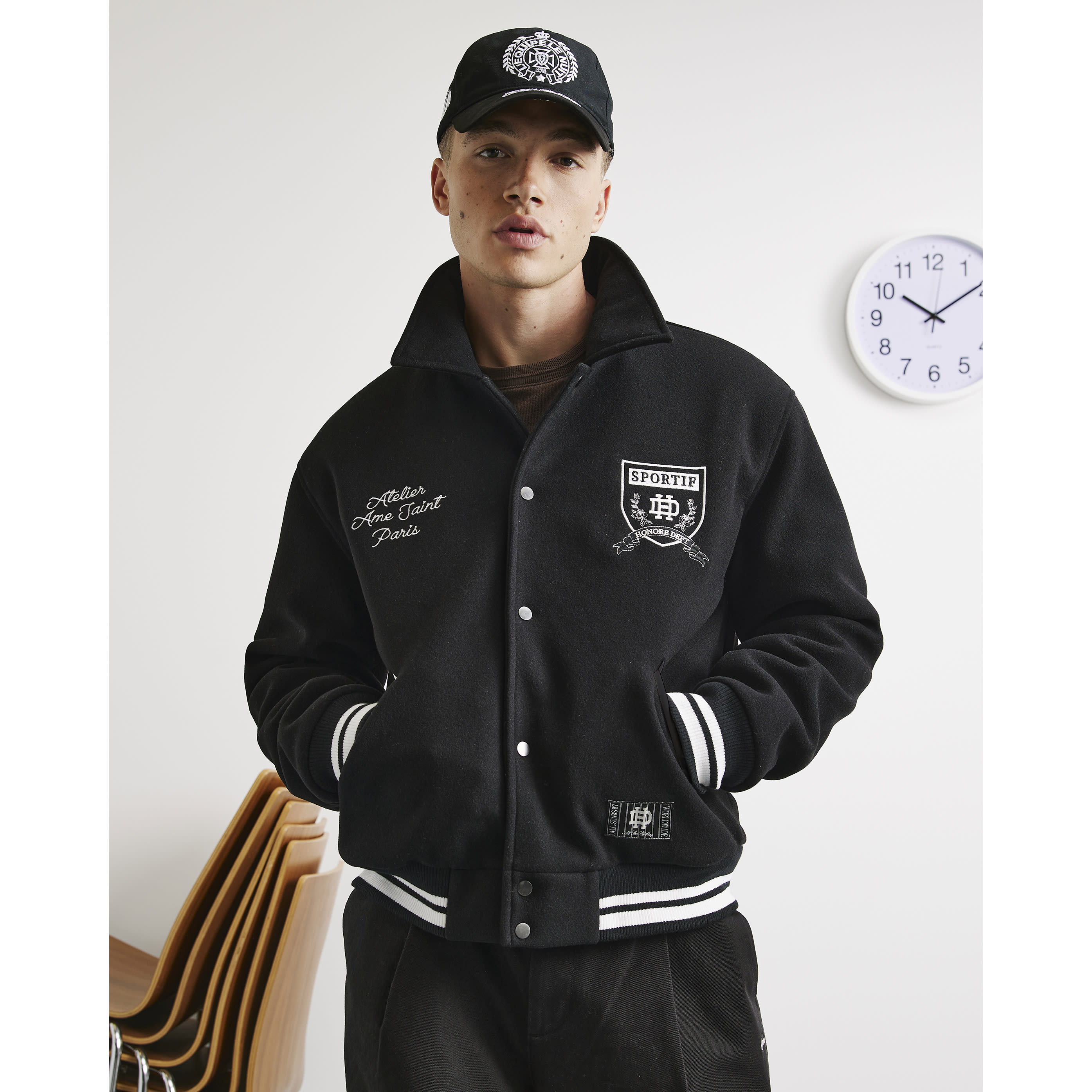 River Island Black Felted Varsity Bomber Jacket