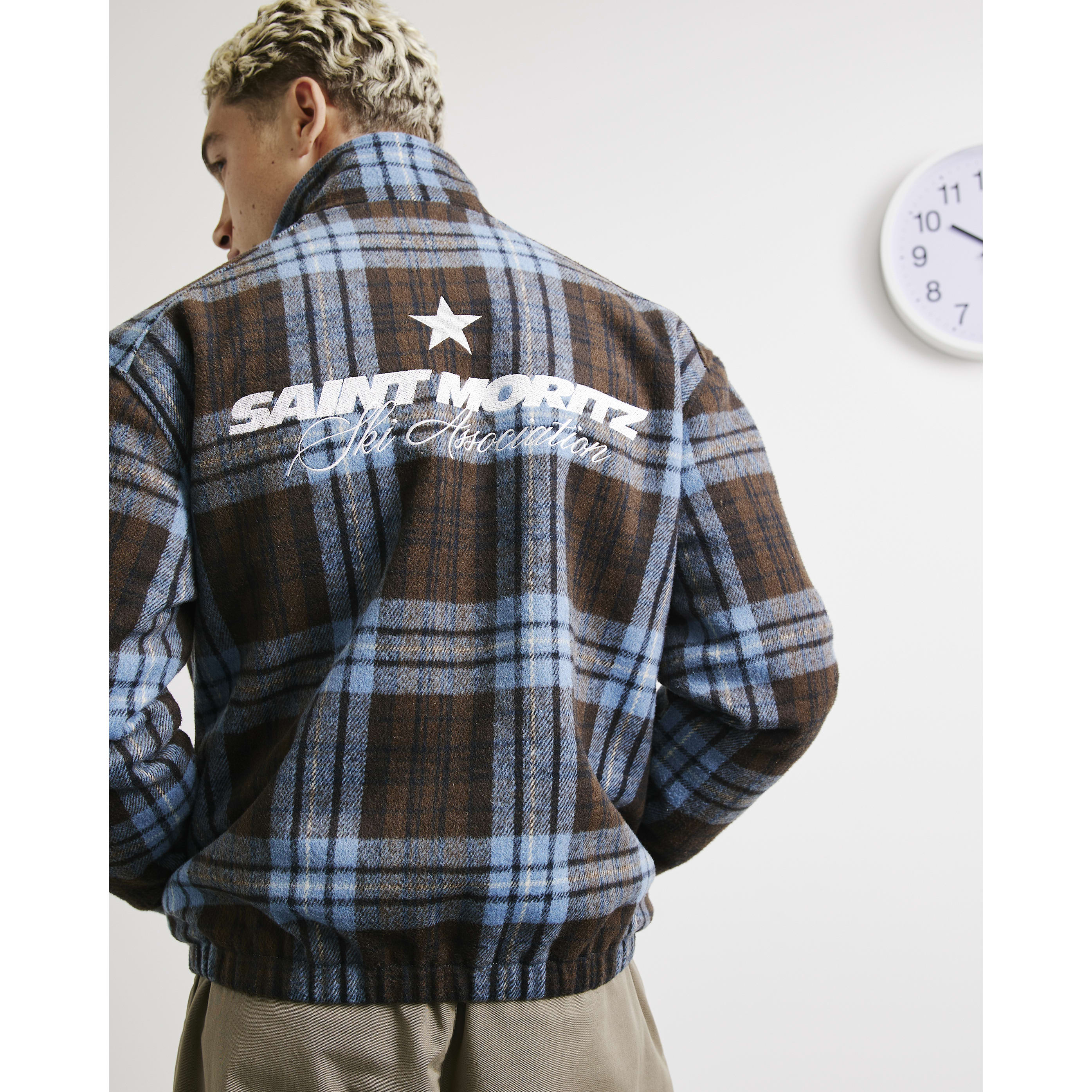 River Island Blue Check Ski Badged Funnel Neck Jacket