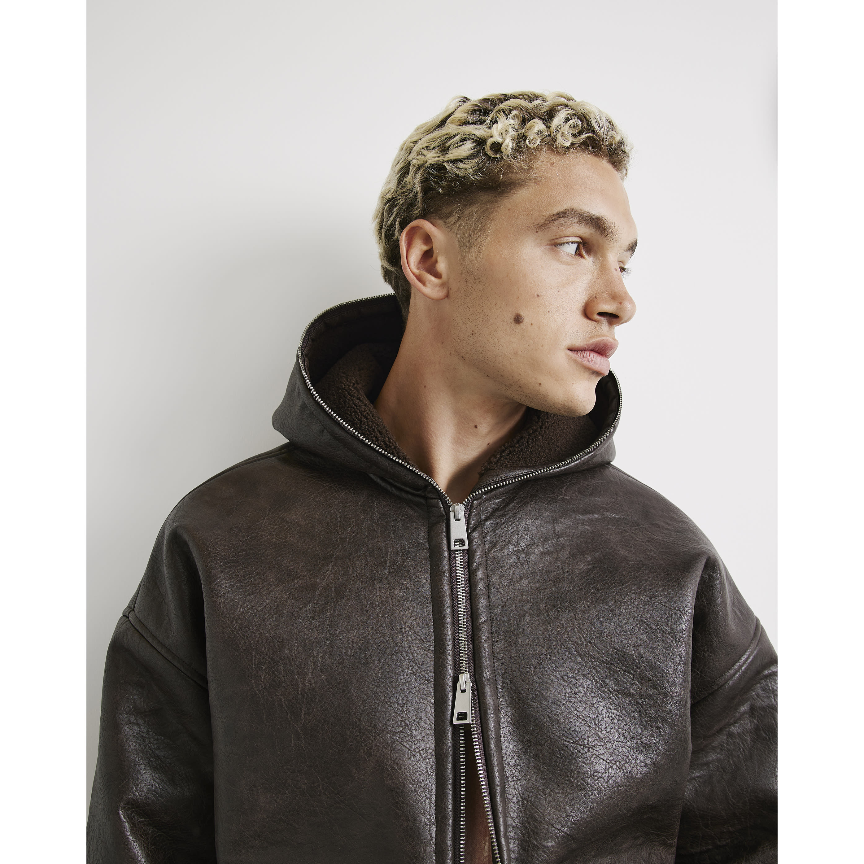 River Island Brown Borg Lined Faux Leather Hoodie