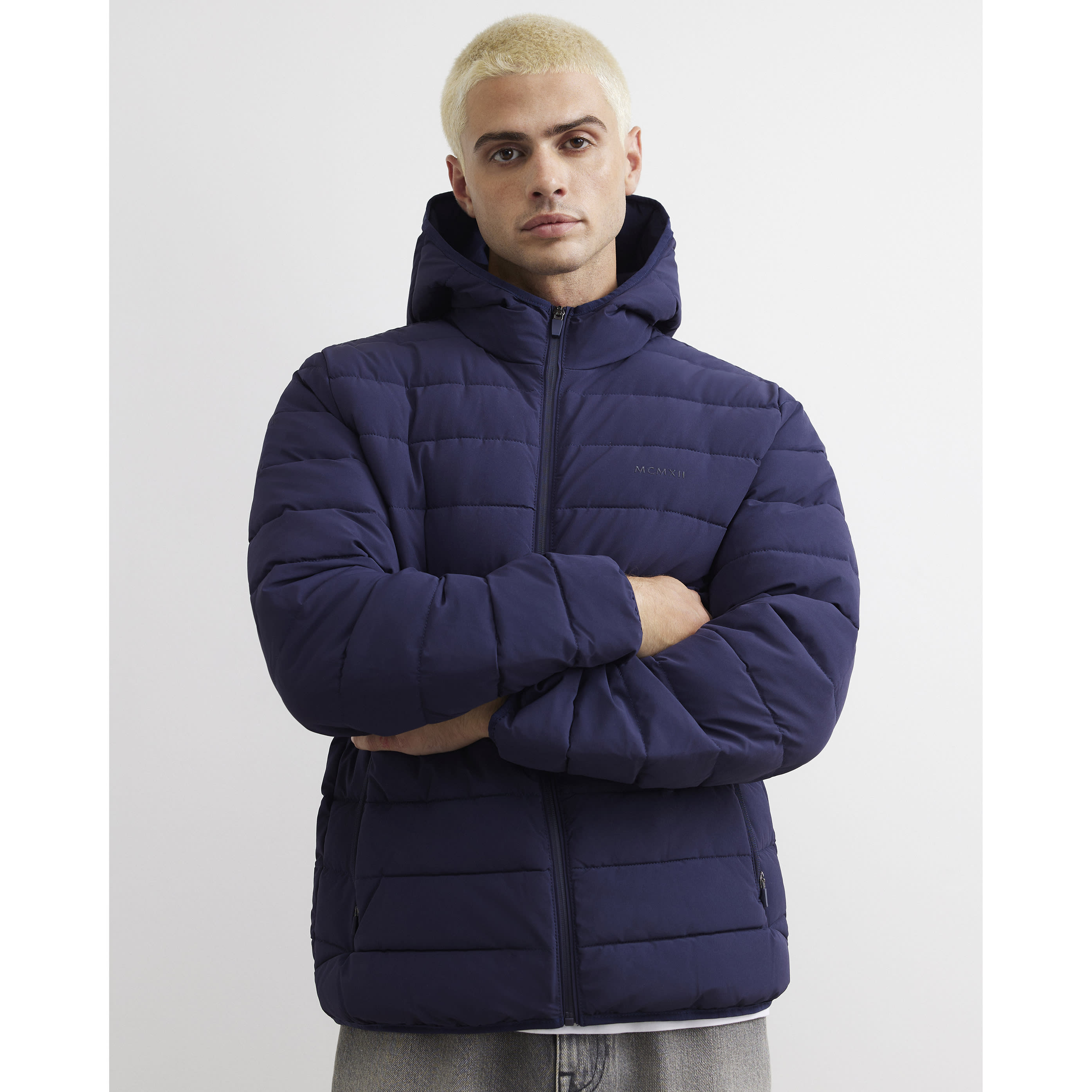 River Island Navy Muscle Fit Cotton Mcmxii Puffa Jacket